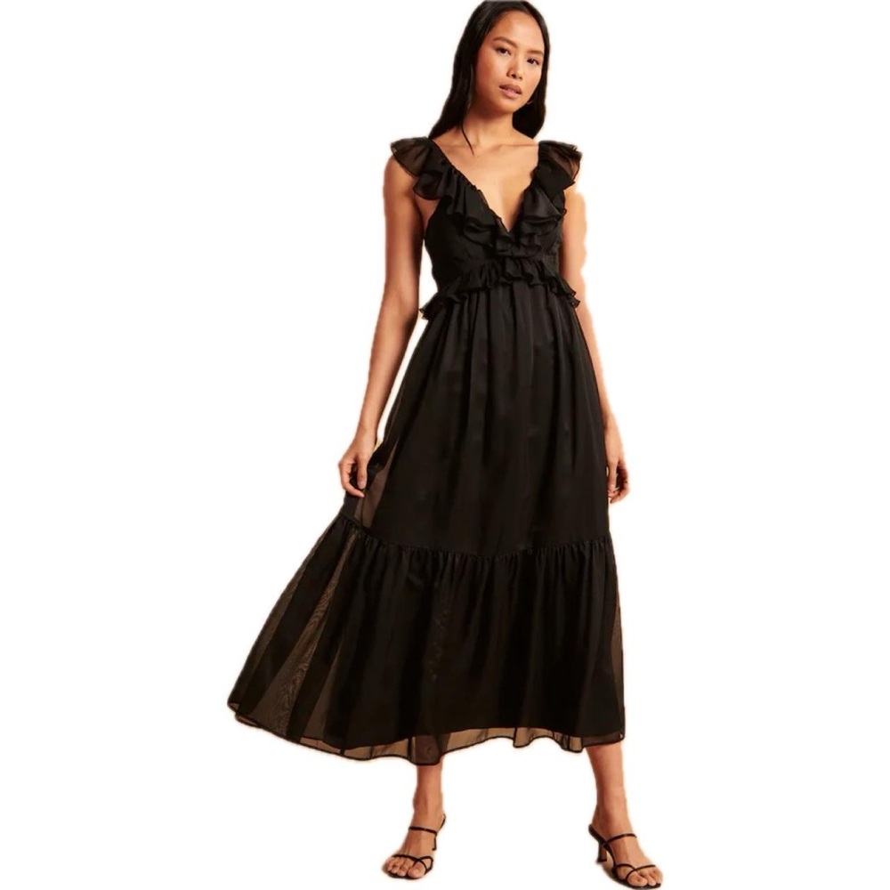 Abercrombie & Fitch Black Ruffle Midi Dress - Drama Ruffle Dress NWT